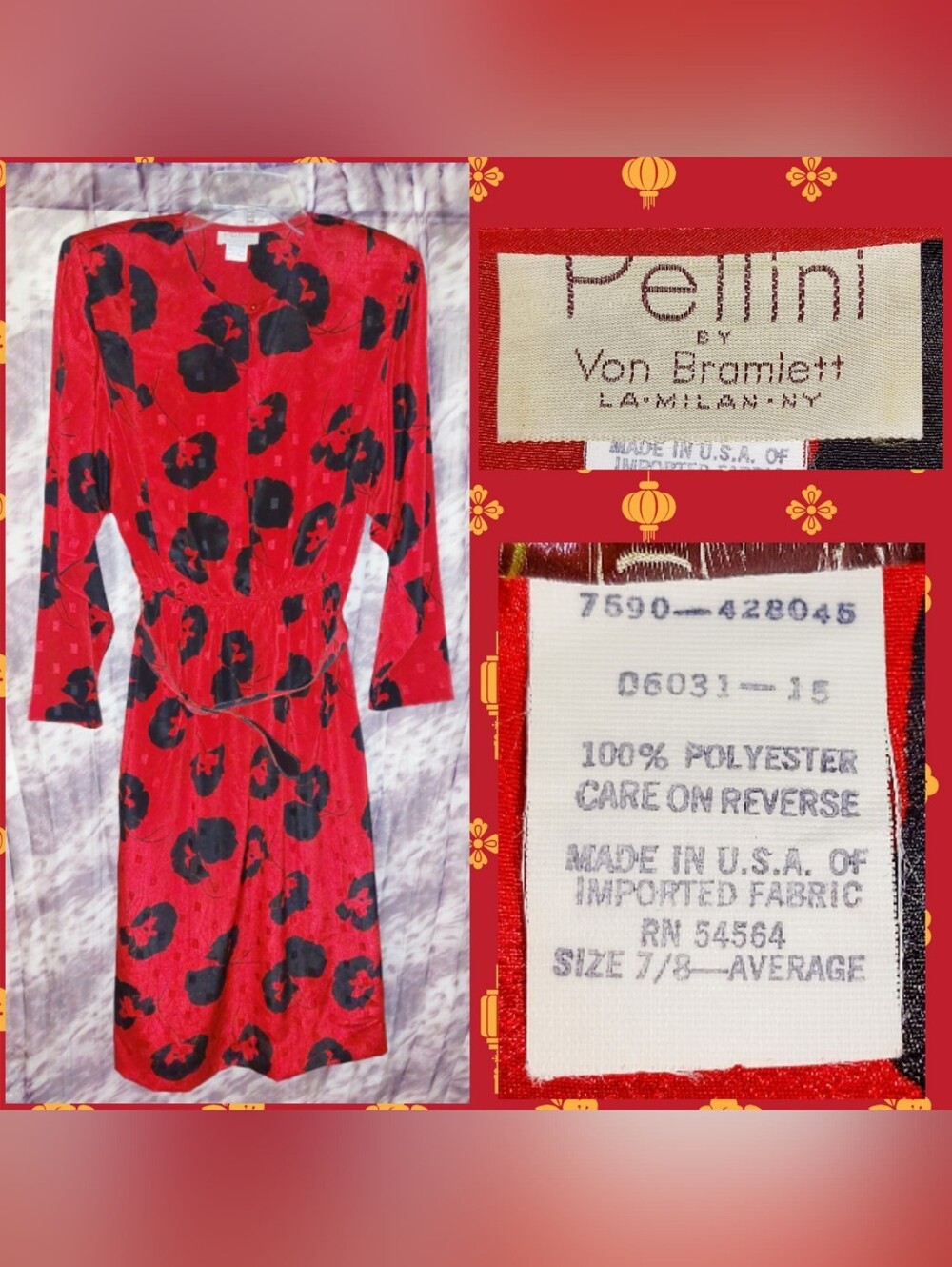 Pellini by Von Bramlett Red/Blk Floral & Square Dots Print Satin Midi Dress 7/8